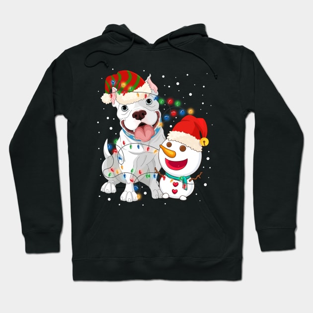 Funny Pitbull Dog Snowman wearing a santa hat Light Tree Christmas Hoodie by mittievance